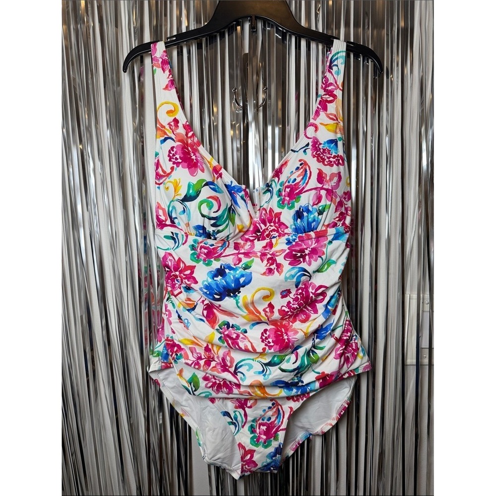 Anne Cole Womens Floral V-Neck Shirred One Piece Swimsuit White Multi Size 16 - Picture 2 of 8